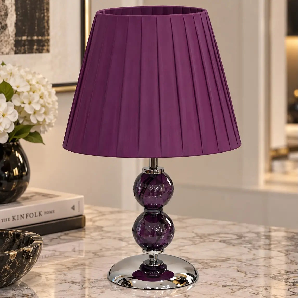 Lille Elizabeth-lampe i wengé med lilla lampeskærm - H 50 cm.