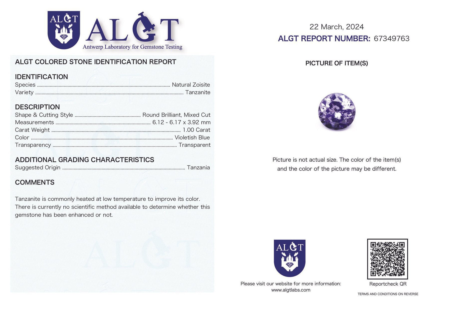 NATURLIG TANZANITE 1,00 ct