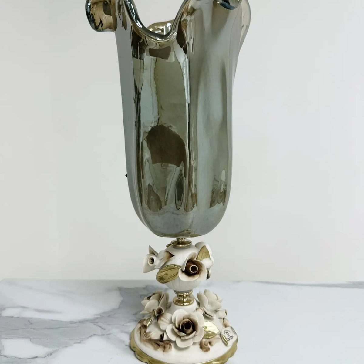 Vaso Tulipano - grå - Murano-glas med porcelænsfod - H 38 cm.