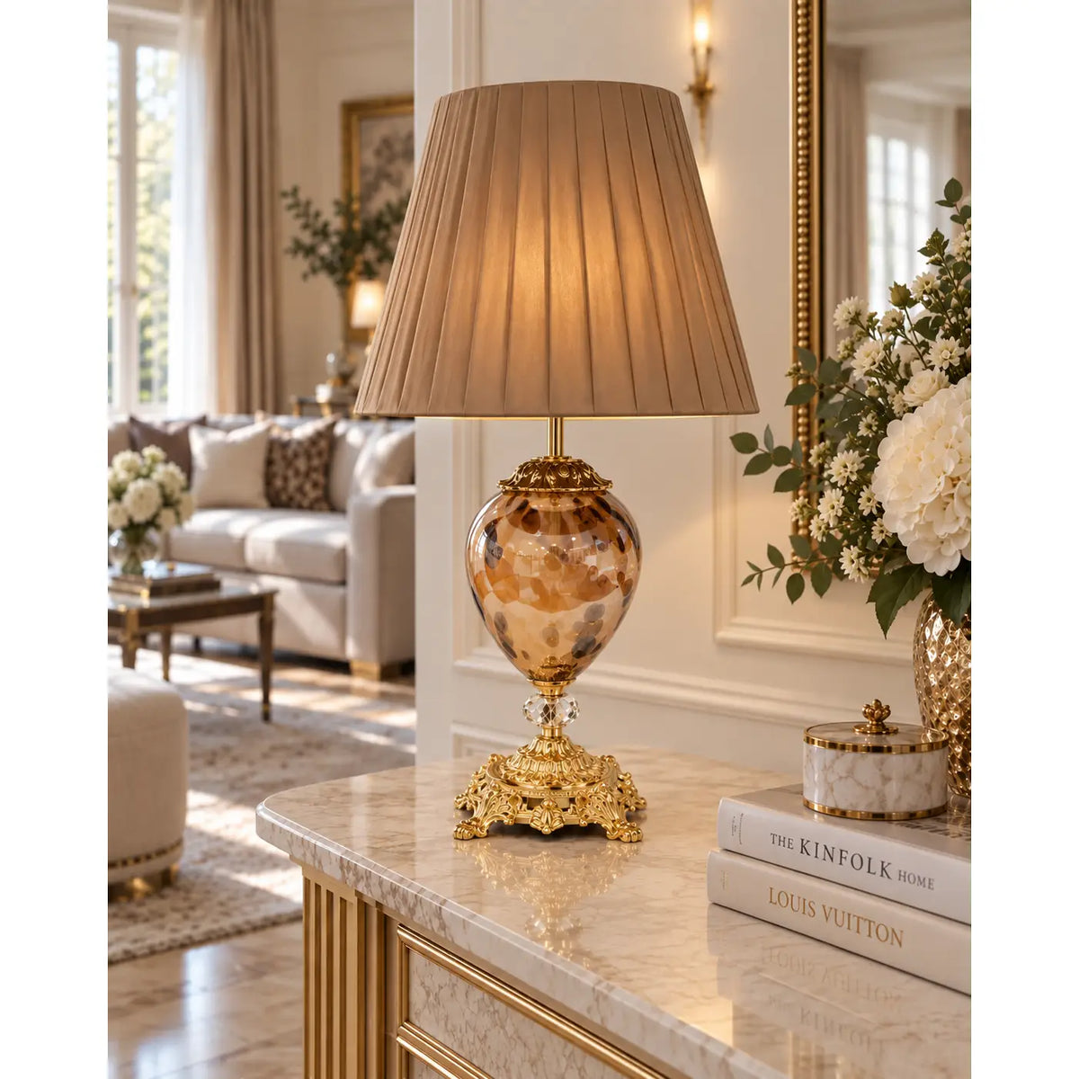 Lampe Mary Piccolo dyreprint med taupe lampeskærm - H 50 cm.