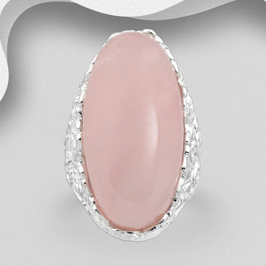 SILVER RING LONG, ROSE QUARTZ