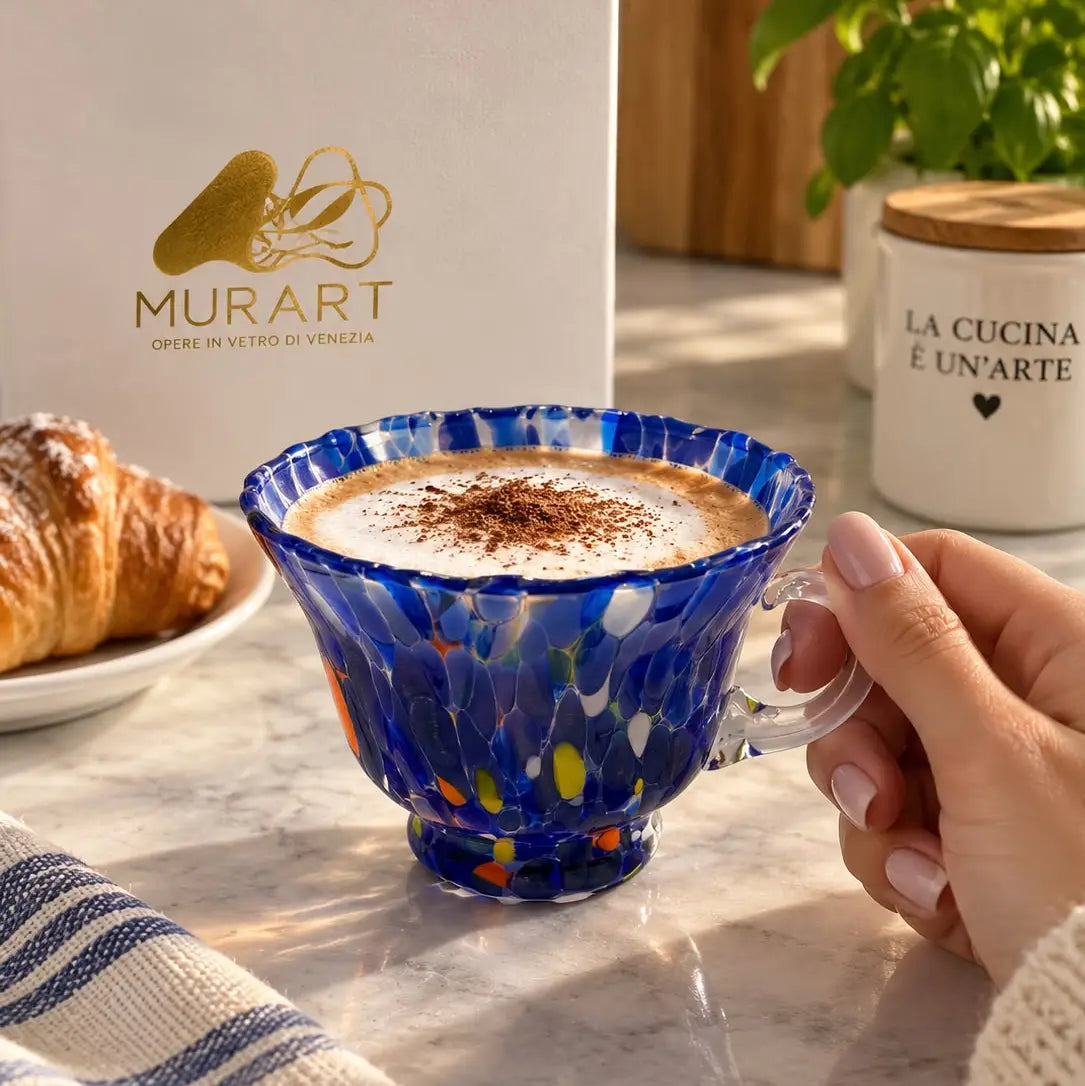 Cappuccino-kop "Campanella" blå i Murano-glas