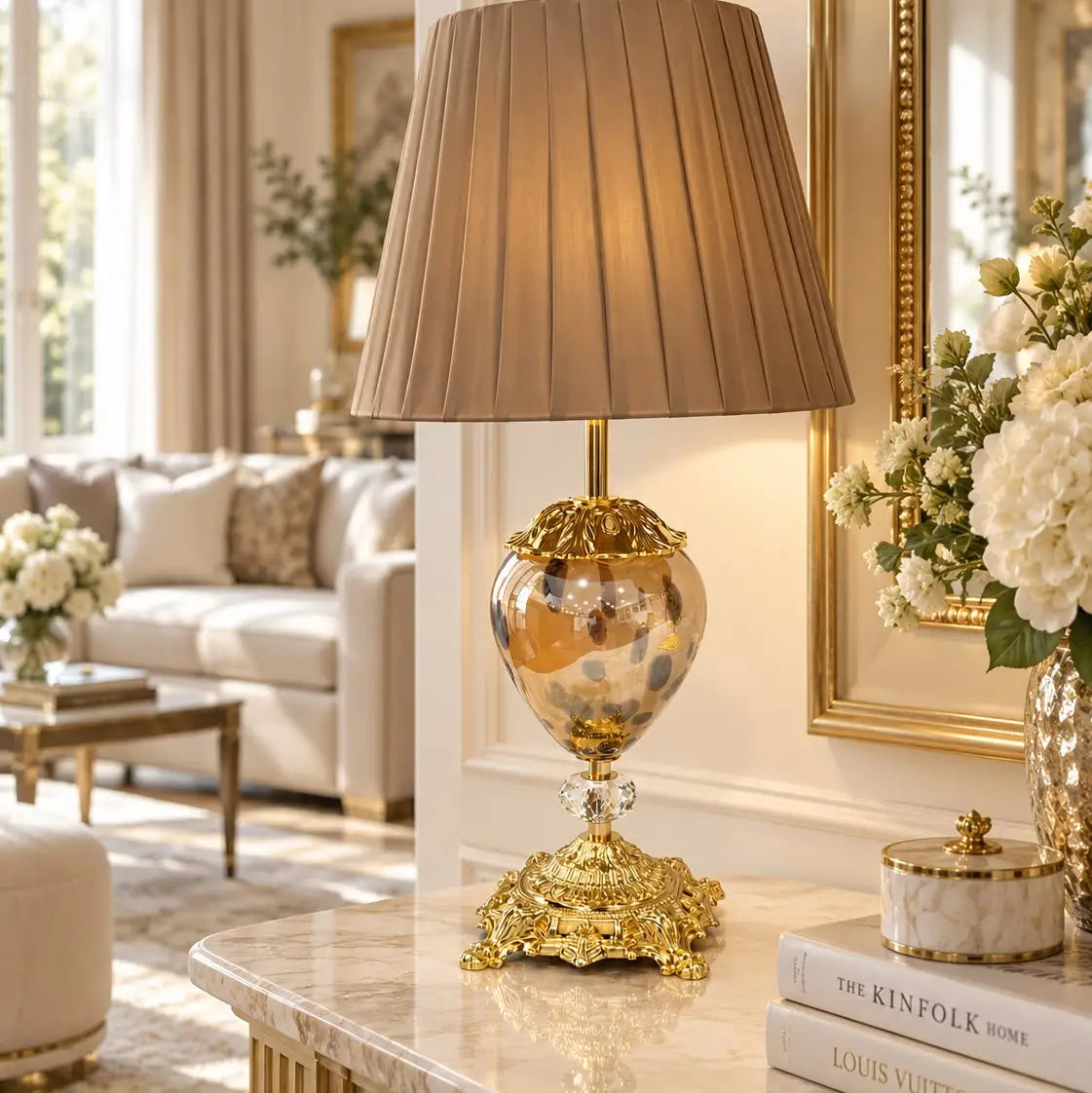 Lampe Mary Piccolo dyreprint med taupe lampeskærm - H 50 cm.