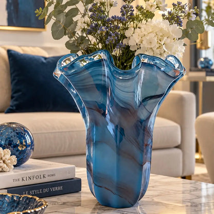 Vaso Fazzoletto - avioblå og sort Muranoglas - H 31 cm