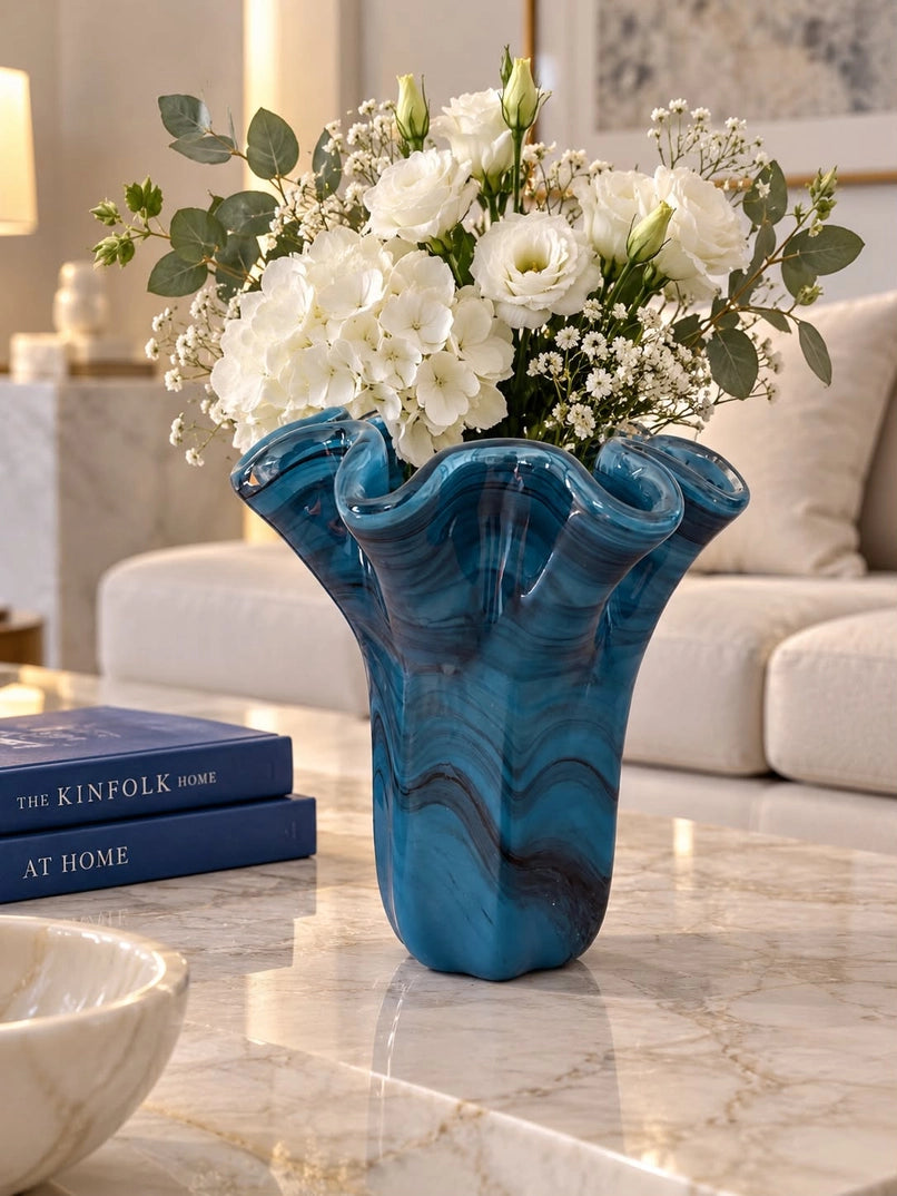 Vaso Fazzoletto, Avio og sort i Murano-glas, H 25 cm.