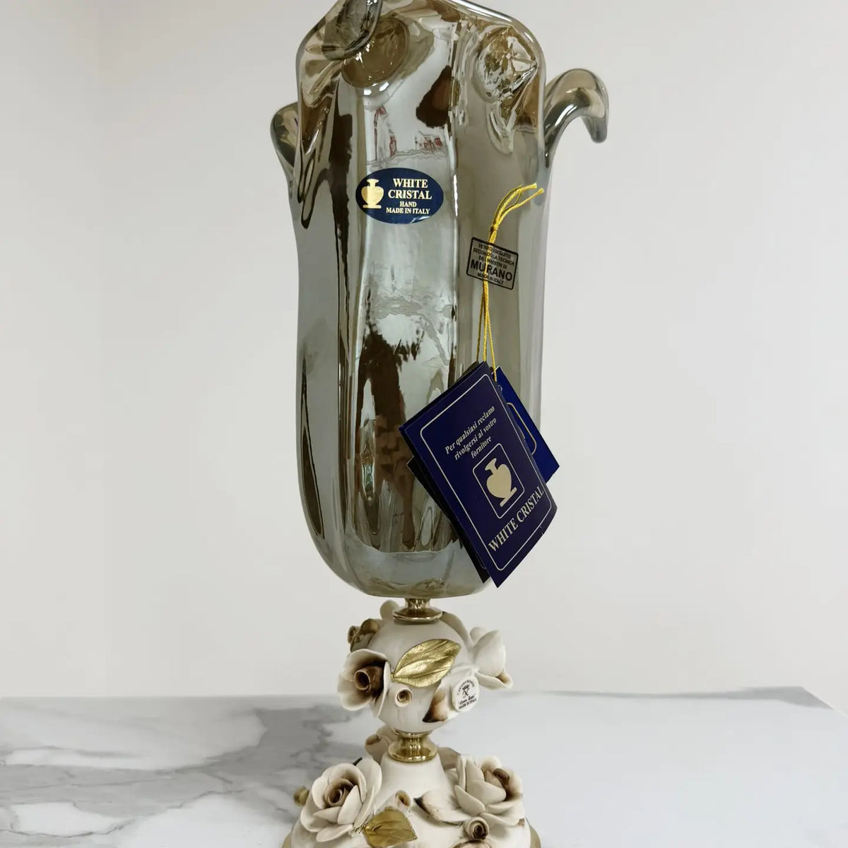 Vaso Tulipano - grå -  Murano-glas med porcelænsfod - H 38 cm.