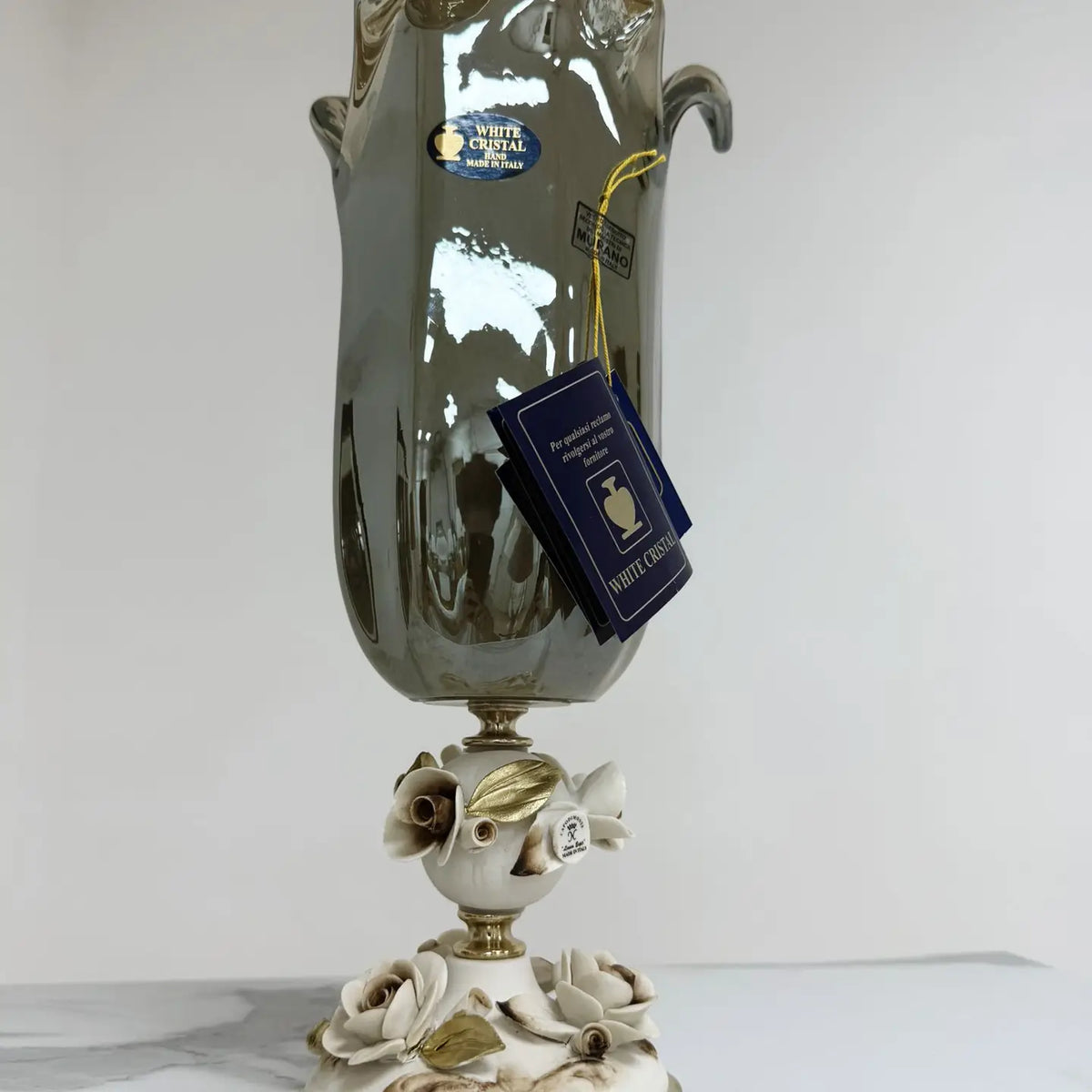 Vaso Tulipano - grå -  Murano-glas med porcelænsfod - H 38 cm.