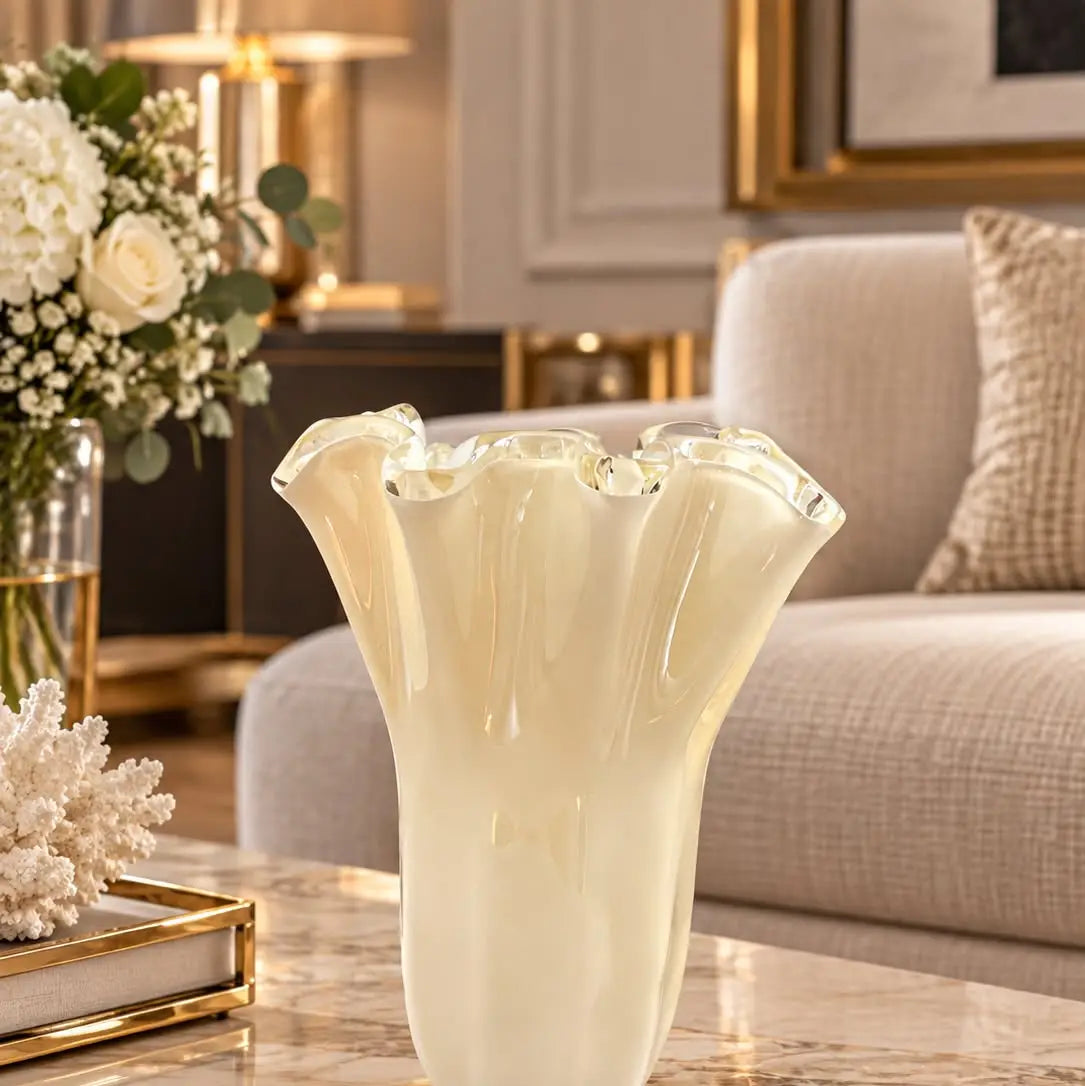 VasoFazzoletto- stor -  i elfenbenfarvet Murano-glas - H 31 cm