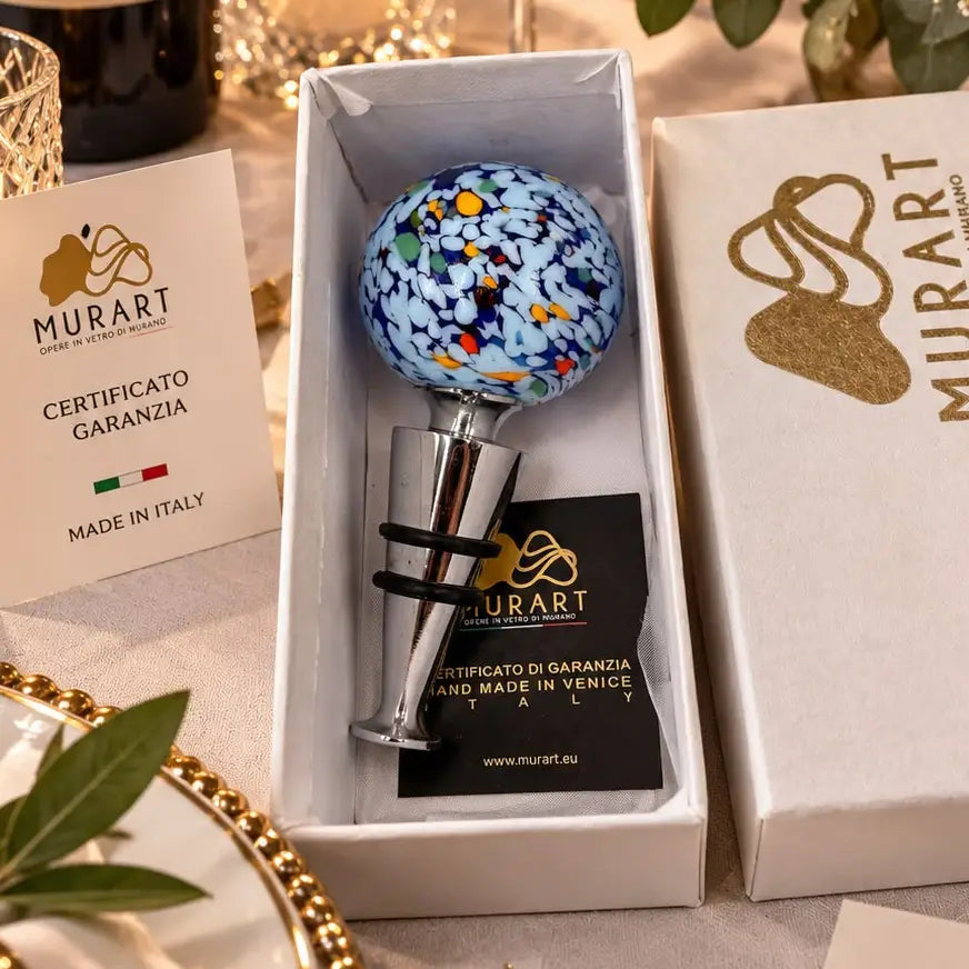Lyseblå prop til vinflasker i Murano-glas
