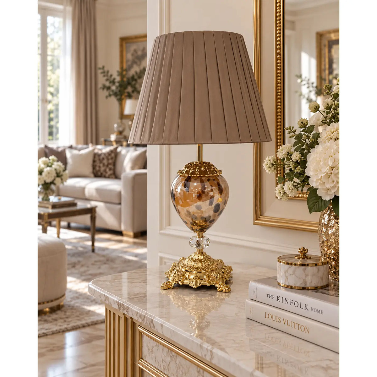 Lampe Mary Piccolo dyreprint med taupe lampeskærm - H 50 cm.