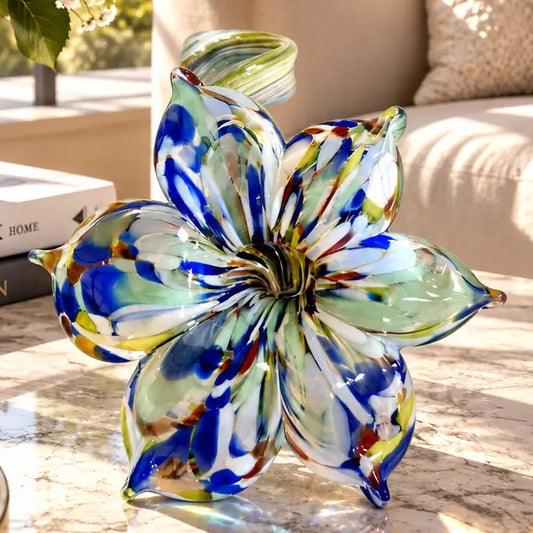 Blomst med 6 kronblade, multifarvet blå glasstage i Murano-glas