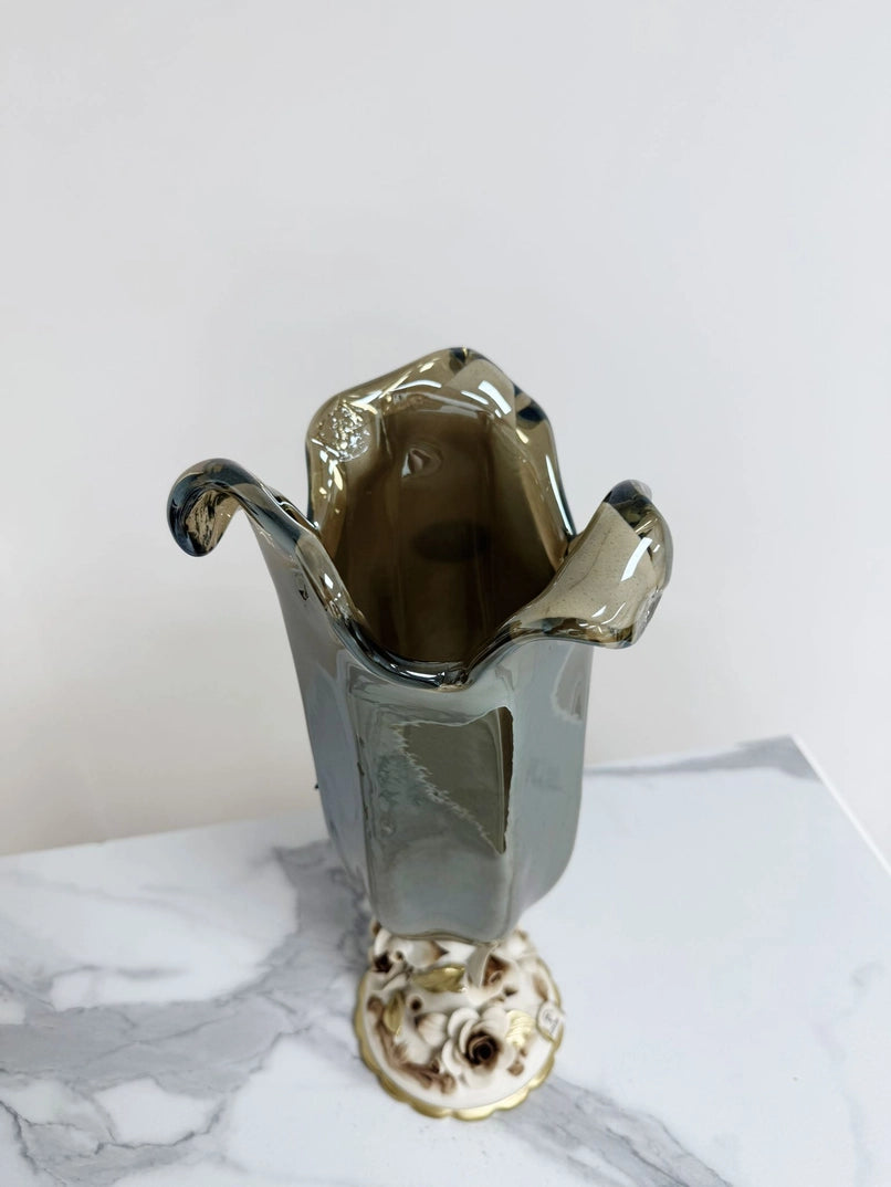 Vaso Tulipano - grå -  Murano-glas med porcelænsfod - H 38 cm.
