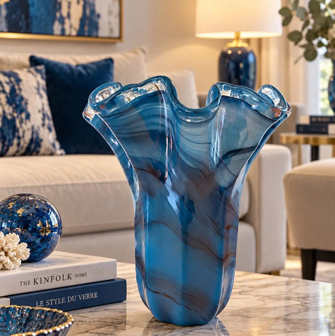 Vaso Fazzoletto - avioblå og sort Muranoglas - H 31 cm