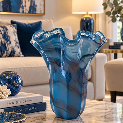 Vaso Fazzoletto - avioblå og sort Muranoglas - H 31 cm