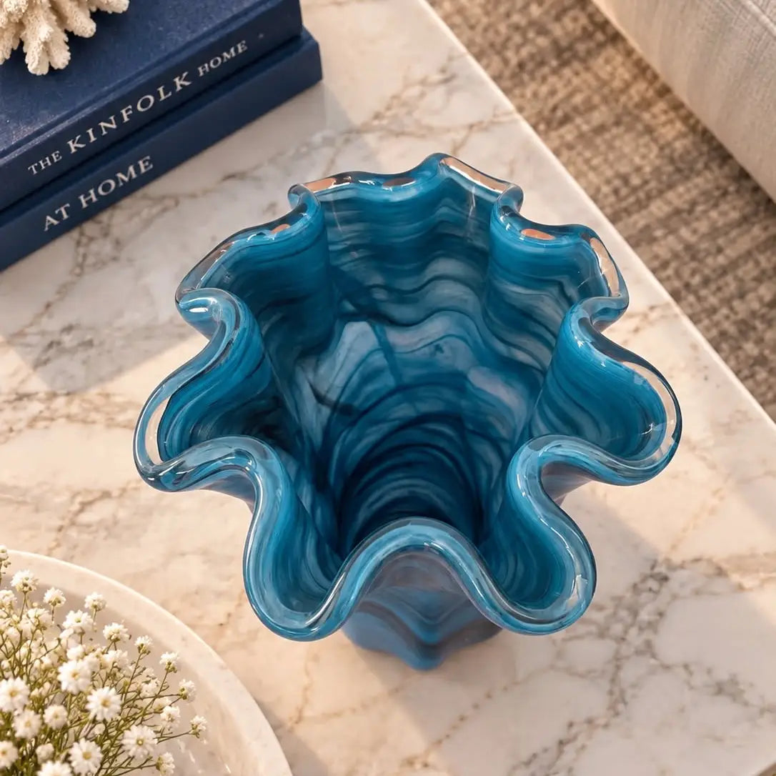 Vaso Fazzoletto, Avio og sort i Murano-glas, H 25 cm.